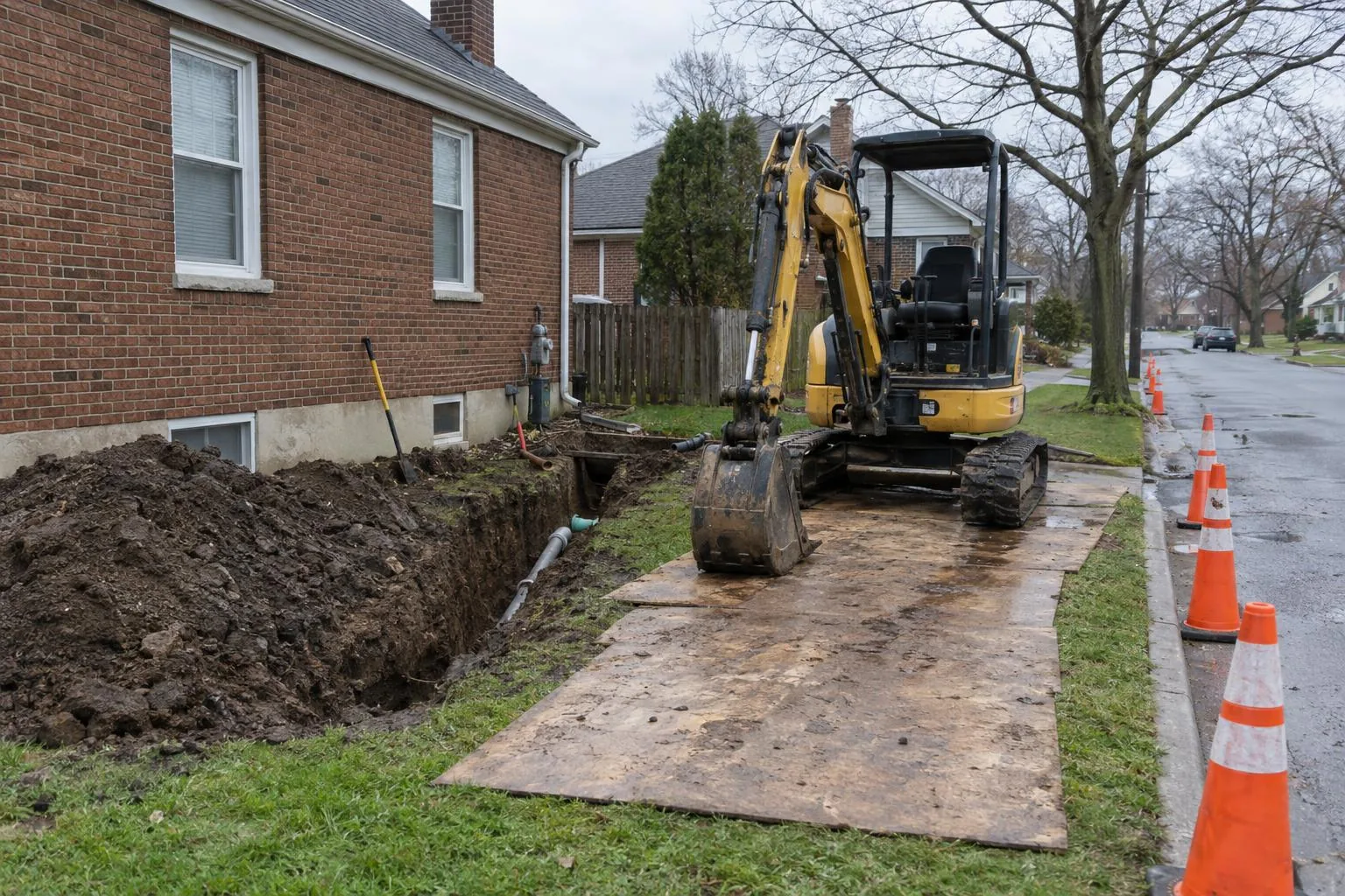A yellow excavator on steel plates beside an open trench along the side of a brick house, traffic cones at the curb